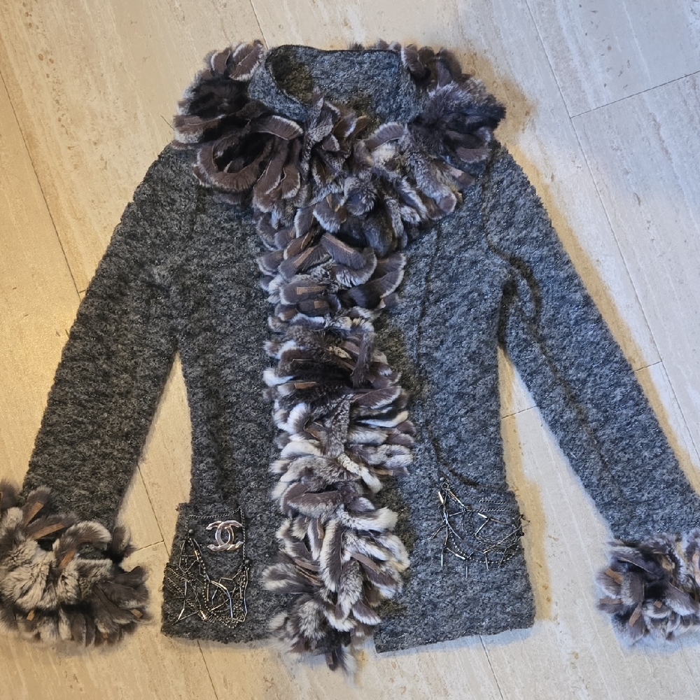 Designer Inspired Gray Metallic Accent Cardigan Sweater with Feather Accent Trim